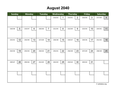 August 2040 Calendar with Day Numbers