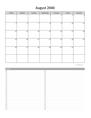 August 2040 Calendar with To-Do List