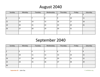 August and September 2040 Calendar Horizontal