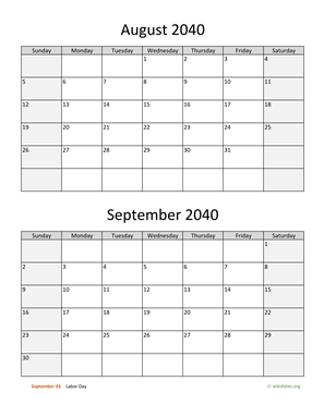 August and September 2040 Calendar Vertical