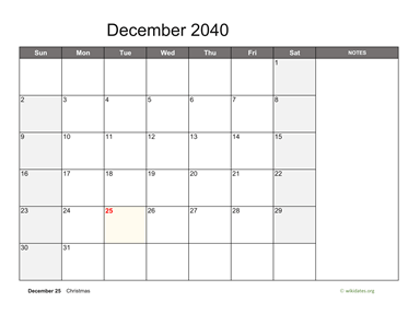 December 2040 Calendar with Notes