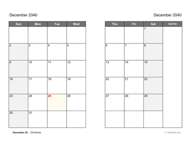 December 2040 Calendar on two pages