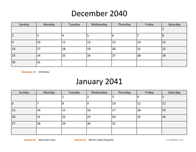 December 2040 and January 2041 Calendar Horizontal