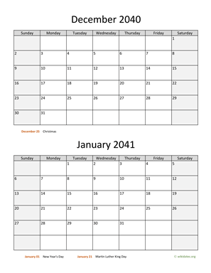 December 2040 and January 2041 Calendar Vertical