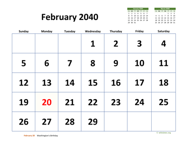 February 2040 Calendar with Extra-large Dates