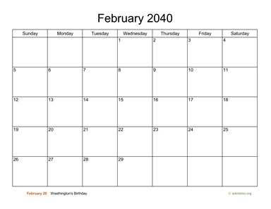 Basic Calendar for February 2040