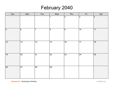 February 2040 Calendar with Weekend Shaded