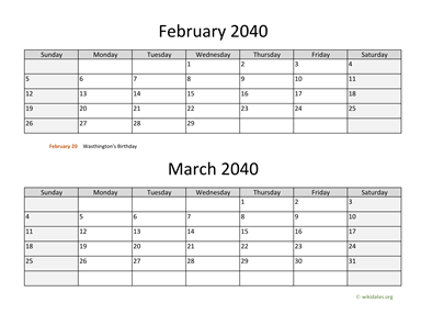 February and March 2040 Calendar Horizontal