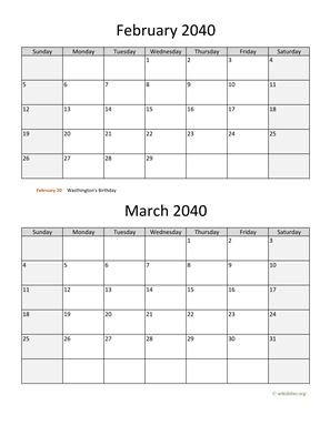 February and March 2040 Calendar Vertical