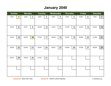 January 2040 Calendar with Day Numbers
