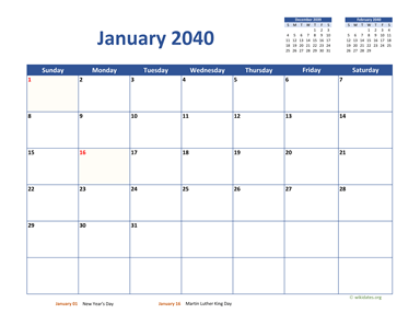 January 2040 Calendar Classic