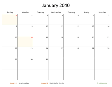 January 2040 Calendar with Bigger boxes