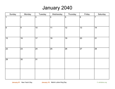 Basic Calendar for January 2040