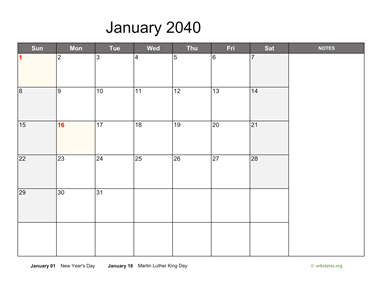 January 2040 Calendar with Notes
