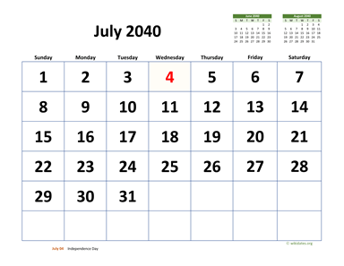 July 2040 Calendar with Extra-large Dates