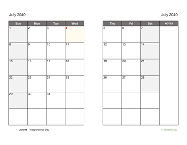 July 2040 Calendar on two pages