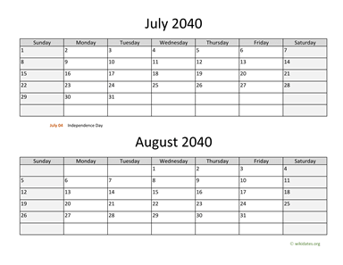 July and August 2040 Calendar Horizontal