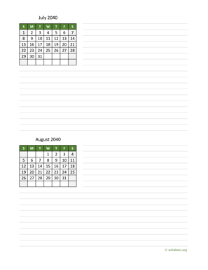 July and August 2040 Calendar with Notes