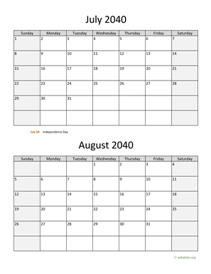 July and August 2040 Calendar Vertical