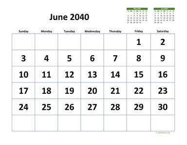 June 2040 Calendar with Extra-large Dates