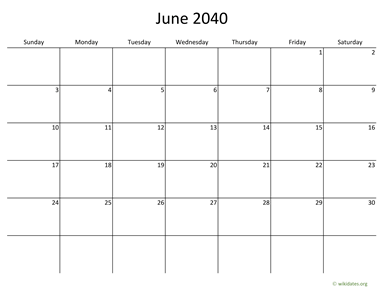 June 2040 Calendar with Bigger boxes