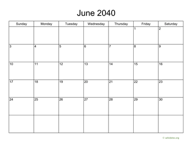 Basic Calendar for June 2040