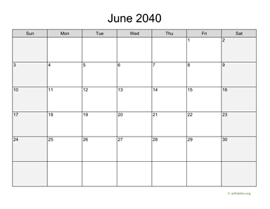 June 2040 Calendar with Weekend Shaded