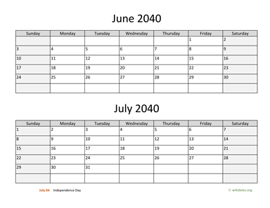 June and July 2040 Calendar Horizontal