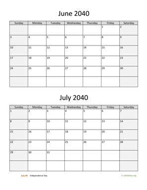 June and July 2040 Calendar Vertical