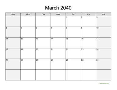 March 2040 Calendar with Weekend Shaded