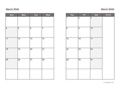 March 2040 Calendar on two pages