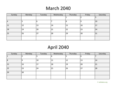 March and April 2040 Calendar Horizontal