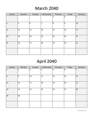 March and April 2040 Calendar Vertical