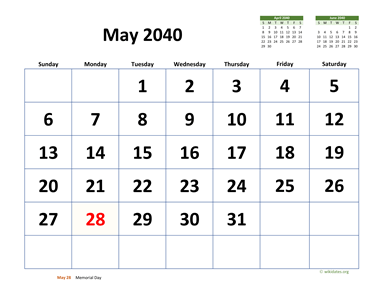 May 2040 Calendar with Extra-large Dates