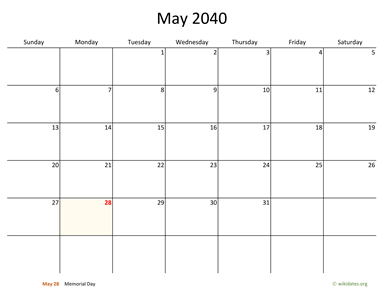 May 2040 Calendar with Bigger boxes