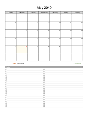 May 2040 Calendar with To-Do List