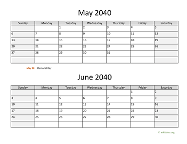 May and June 2040 Calendar Horizontal