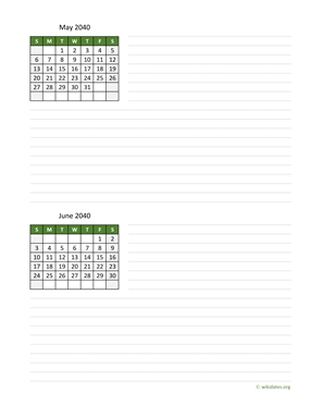 May and June 2040 Calendar with Notes