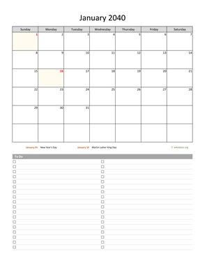 Monthly 2040 Calendar with To-Do List