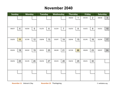 November 2040 Calendar with Day Numbers