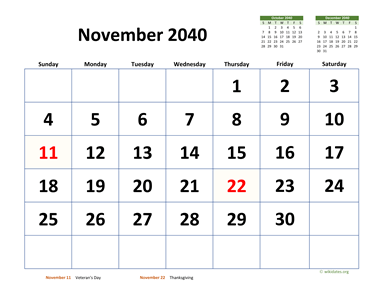 November 2040 Calendar with Extra-large Dates