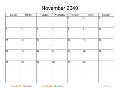 Basic Calendar for November 2040