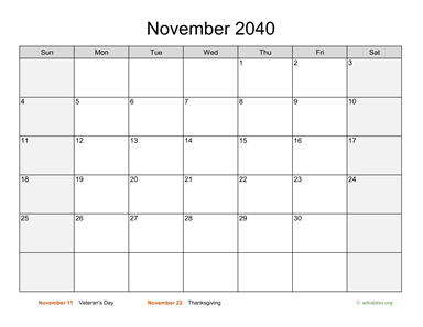 November 2040 Calendar with Weekend Shaded