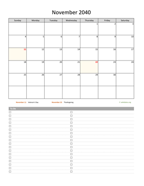 November 2040 Calendar with To-Do List