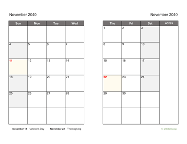 November 2040 Calendar on two pages