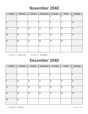 November and December 2040 Calendar Vertical