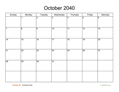 Basic Calendar for October 2040