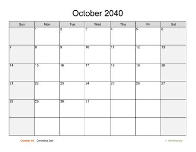 October 2040 Calendar with Weekend Shaded