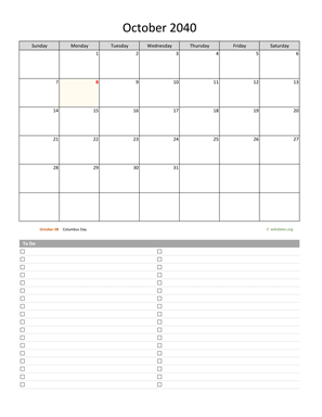 October 2040 Calendar with To-Do List
