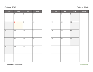 October 2040 Calendar on two pages